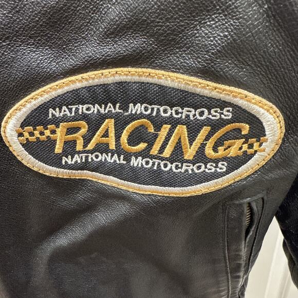 Men’s Leather MotoCross Racing Jacket Size L Black/Gold Patches Zip Front - Picture 6 of 14